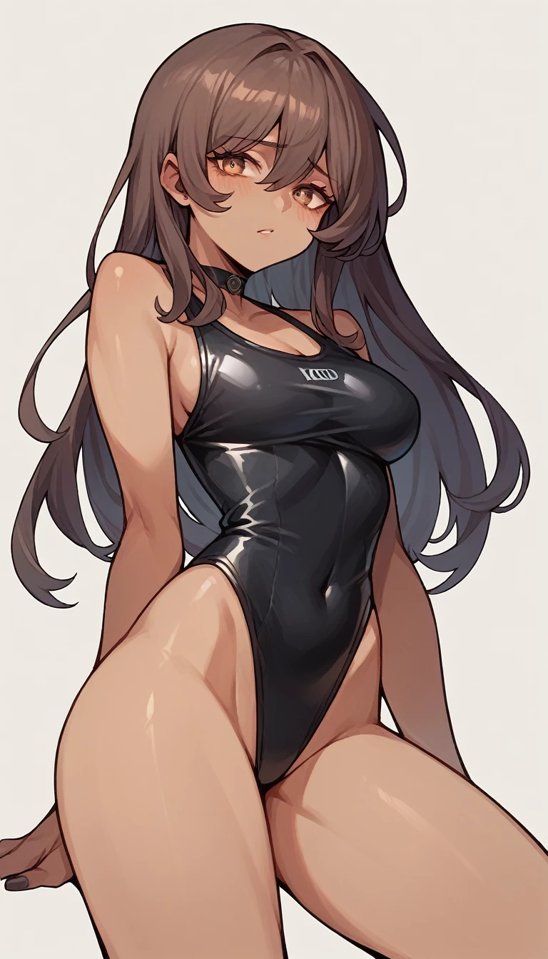 Noir (nod) wearing a black swimsuit 