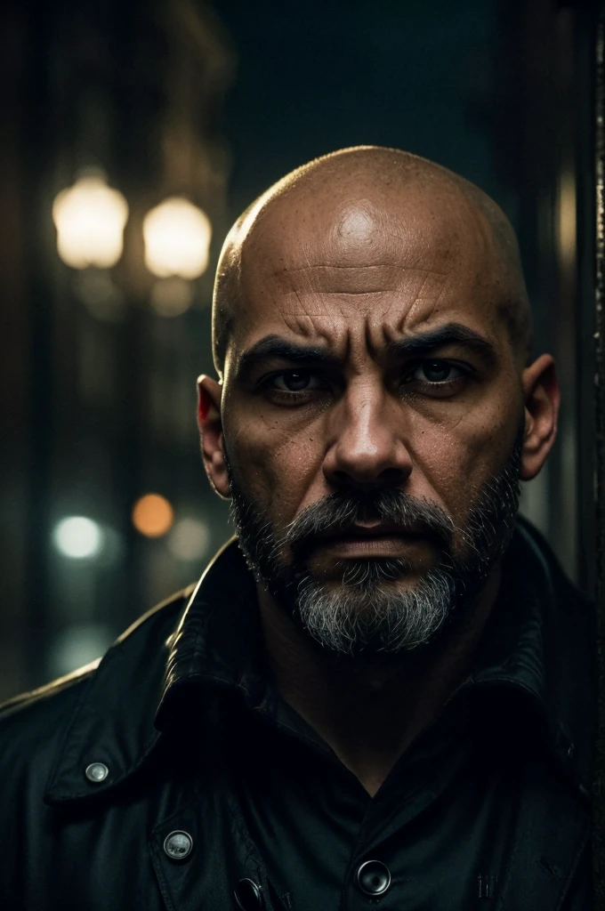 olbey:A bald man with a black scruffy beard:1.1) (intensely focused gaze, piercing eyes) (detailed facial features, defined nose and lips) (Threatening atmosphere) (dark shadows and dramatic lighting) (hight contrast:1.1) (gritty texture) (intense and suspenseful:1.1) (full of action) (dynamic composition) (cinematic vibe) (Shallow depth of field) (dramatic bokeh) (film noir style) (dark, moody color palette) (captivating and mysterious) (night setting) (Urban setting) (rain-soaked streets) (Tense and suspenseful atmosphere:1.1) (impacto emocional) (intense narrative) (provocative and thought-provoking) (impressive and impactful) (work of art:1.2), (high resolution:4K), (realisitic:1.37), (proffesional)(scene walking in the civil war times in soldier attire)