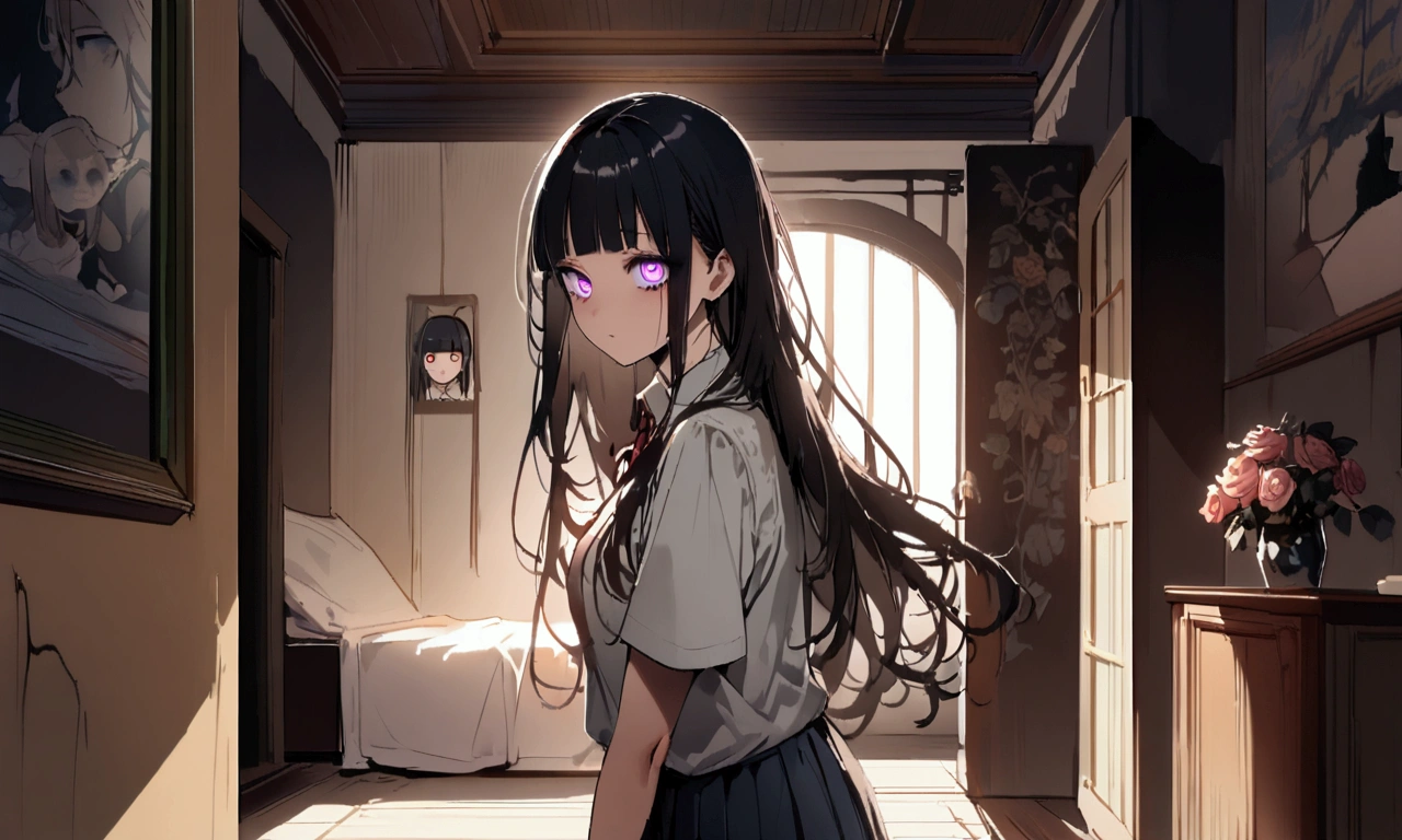 face down、Lewd Eyes、Scornful Eyes、front、super fine illustration,(((beautiful fine hair))),(((beautiful fine face))),(((beautiful fine background))),2人のgirl、Bobcut、Black Hair、Blunt Bangs、PC in the room、Horizontal composition、Step Piece、Highest quality、Best illustration、Super detailed、girl、Pink Rose Long Hair、Black Shirt、Pleated skirt、Side braided hair、crazy、standing with an eerie feeling、Ruined Background、Unusual sneakers、Eyeshadow on eyes、Unusual eye color、Eyes of Terror、Bright eyes、Cool Shot