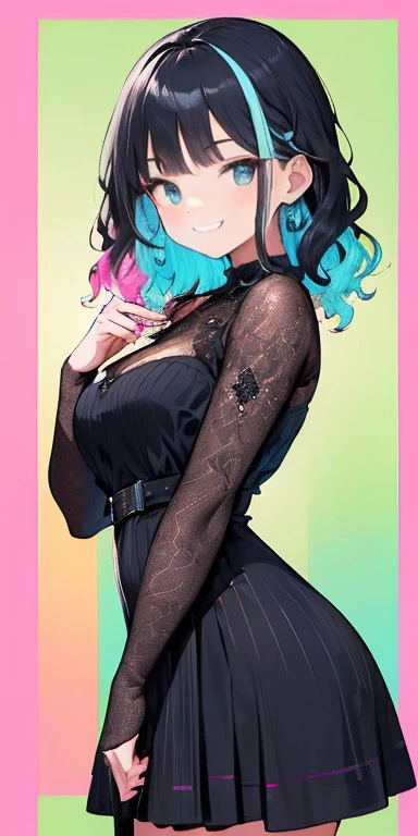 (Bblack hair,colorfully fluorescence multicolored hair:1.5,wavy hair:1.5), (work of art, sidelights, Exquisite beautiful eyes: 1.5), work of art*portraite, realisitic, ((Colorful background of different colors:1.5)),(rosto gentil:1.5),colorfully,3d face,(cute face),from front view: 1.6、 (eerie glowing red eyes:1.2),(tareme:1.5)、(cute smile:1.5),,Fine body, shiny hair, shining skin: 1.5、medium breasts,、standing alone,(stare)、(two tone dress:1.5)、(character focus:1.5、bring、eye focus,cowboy shot)、Bright Atmosphere,details Intricate