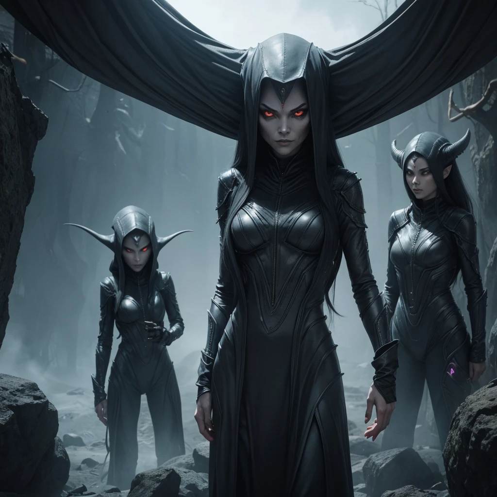 3 female evil menacing grey aliens with long fingers