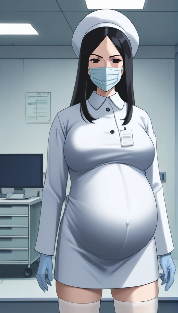 score_9,  score_8_up, score_7_up, source_anime, raw image, masterpiece, highest quality, kasuganoray, pale skin, she narrowed her eyes, eyes want to have sex, her eyes were filled with a high level of lust, looking_at_viewer, long black hair, big breasts, scrubs, surgical mask, bouffant cap, long sleeve maternity dress, put on another long sleeved coat, seamless, navel head, the dress isn't wrinkled, tight fitting, long white stockings, 
1girl, pregnant, solo, sexy, long rubber gloves, looking down, look at viewer, furrowed brow, hospital bed, light shines from the ceiling, standing, patient room background, she has a high sex drive, she is sexually arousing, she looked like she really wanted to have sex, she is inquiring about the patient's condition, she persuaded him to have sex with her, she invites you have sex with her, she invites you to have sex with her, she acted sexually