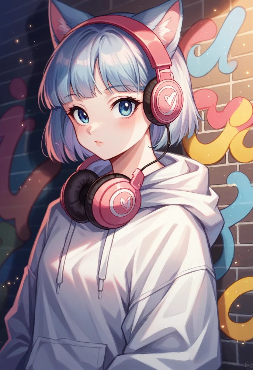 Cute cat girl vegeta peitos grandes dressed in a white hoodie with pastel pink accents, oversized headphones snugly fit around its neck, mid-action as it maneuvers through an urban setting, backdrop of graffiti-covered walls, contemporary streetwear fashion vibe, pastel tones, soft-focus background, bokeh lights, digital painting, ultra fine, ultra realistic