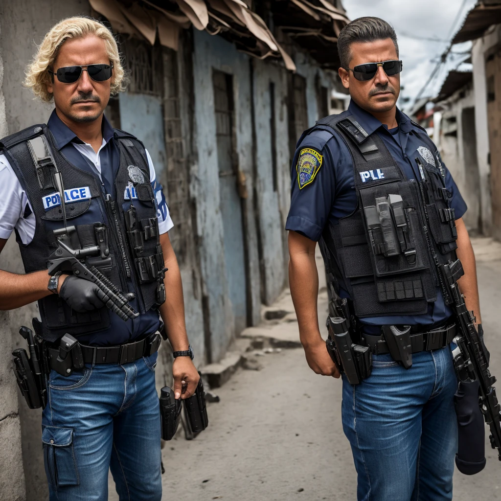 Corrupt police officer with sunglasses and a scar on his left eye horizontally , wearing a bulletproof vest and police clothing, holding a pistol, 独奏, hair blonde, On patrol, Rio de Janeiro in a favela