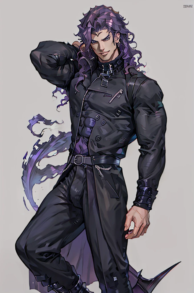 Handsome male. Dark silky purple hair, amber eyes, lean and muscular build, with a sharp jawline and a devilish smile. I'm dressed in fine black clothes and have a silver stake tucked in my sleeve. Vampire. Bara. Bulge in pants. Black boots. Piercings.