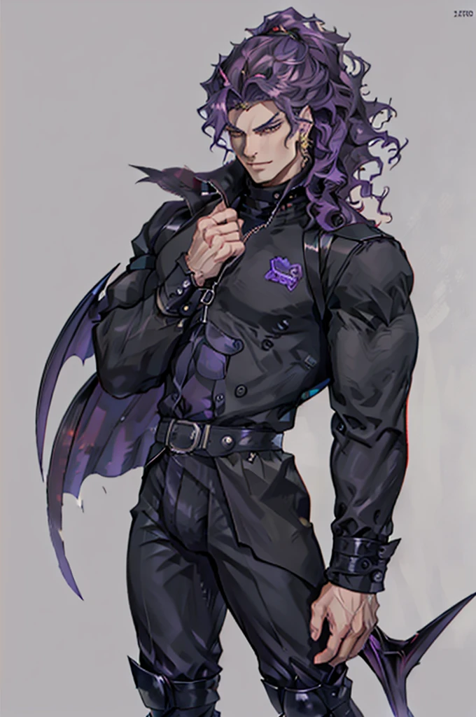 Handsome male. Dark silky purple hair, amber eyes, lean and muscular build, with a sharp jawline and a devilish smile. I'm dressed in fine black clothes and have a silver stake tucked in my sleeve. Vampire. Bara. Bulge in pants. Black boots. Piercings.