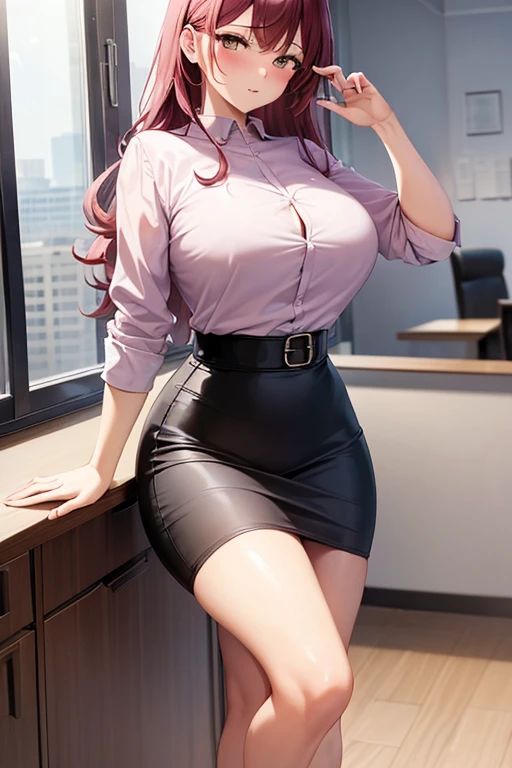 ((masterpiece, best quality)), highres, beautiful sexy business woman looking at viewer, blush, black midi pencil skirt, long pencil skirt, pink blouse, buttoned, heels, full body, wavy purple hair, brown eyes, wide hips, office building, office desk, window