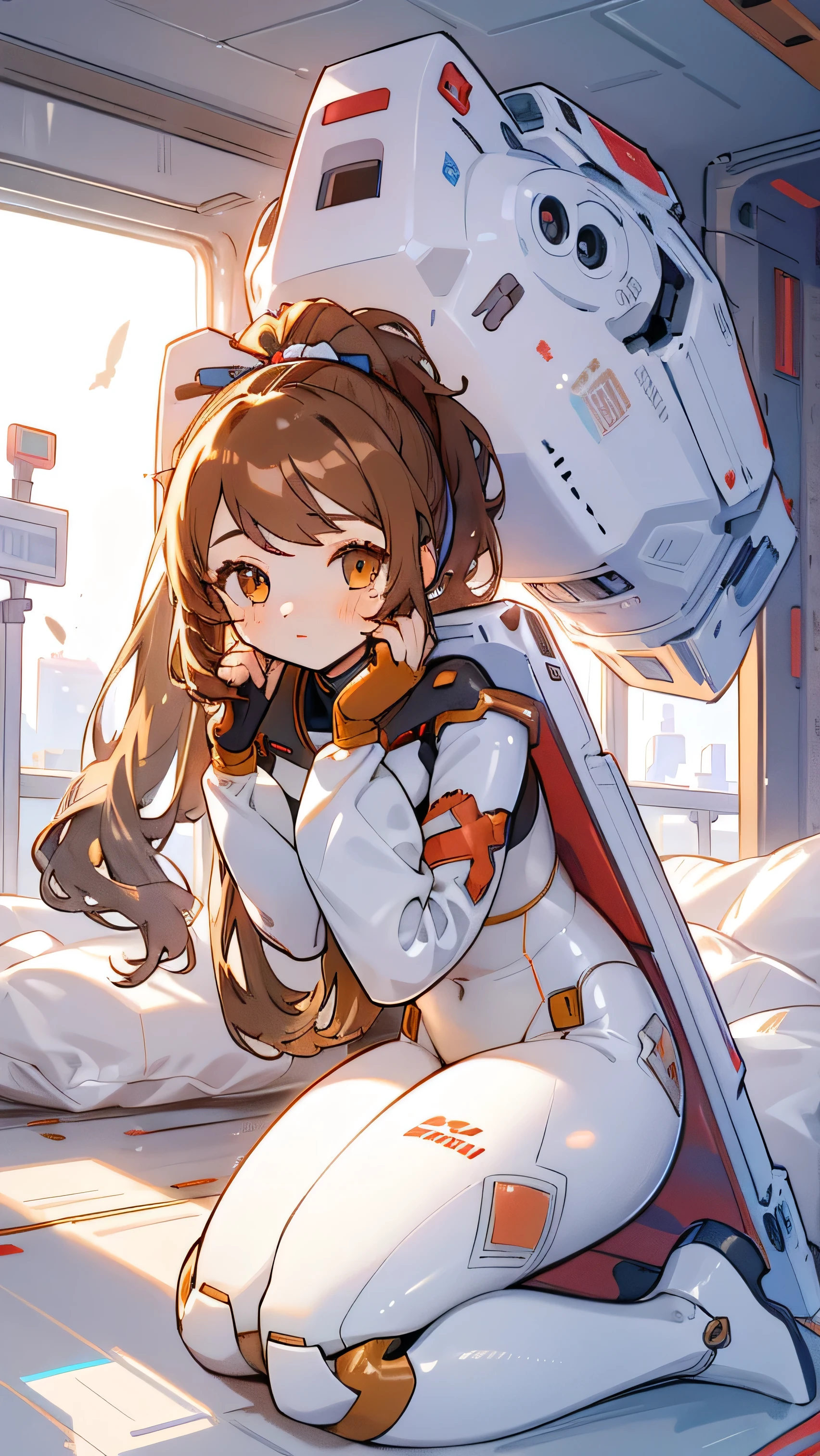 1GIRL, finely detailed, (best quality), hdr, hi res, high resolution, (masterpiece), (intricate details), cute style, ((long brown hair in ponytail)), ((plugsuit)), battle suit, ((red and white clothes)), ((mecha style clothes)), beautiful face, happy, cute face, pinup, perfect face, in futuristic city, dynamic, laying down, knees up, (curled up)