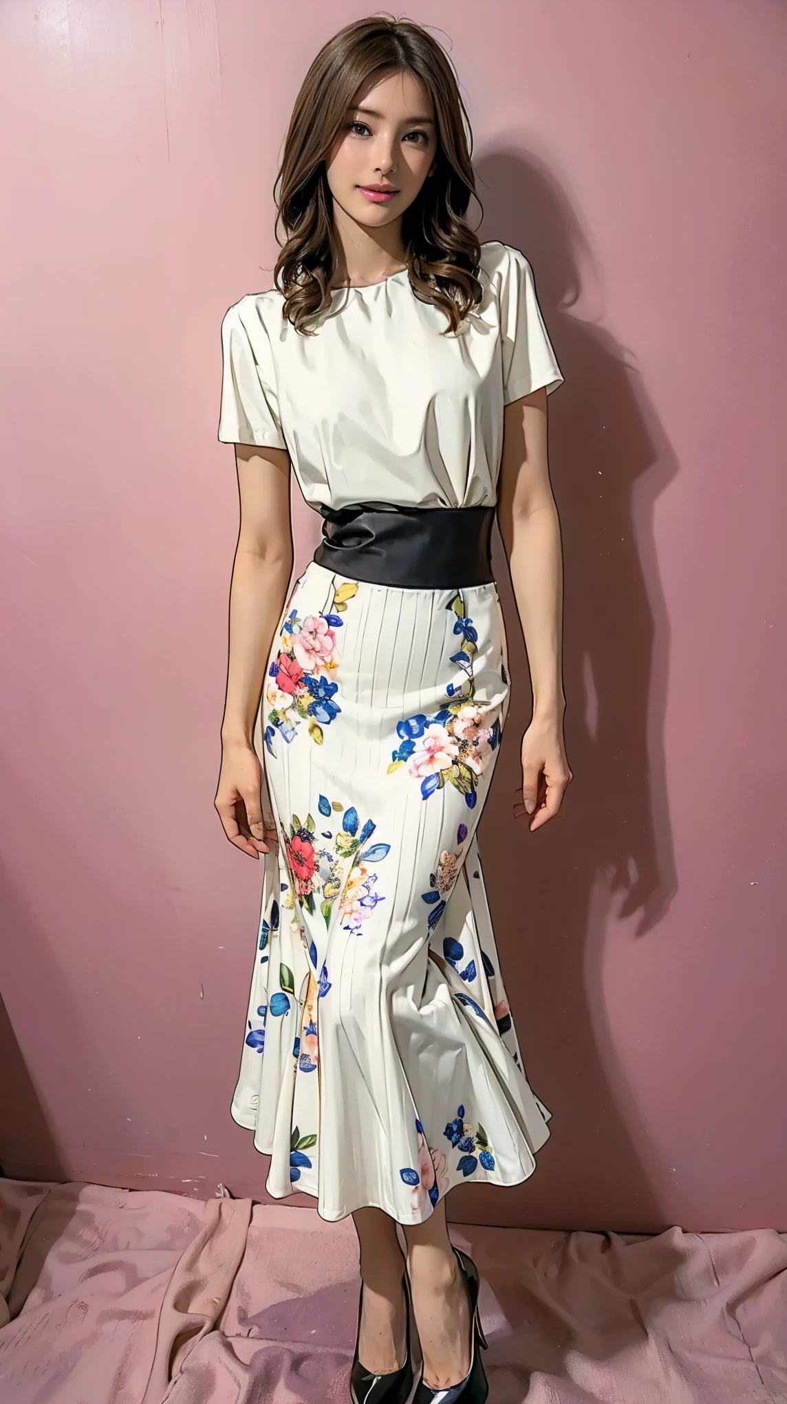 ((masterpiece)),(((Highest quality))),Thin thighs,Long legs,whole body:1.5,(One Girl:1.3),(Black high heels:1.3),(Wearing a floral striped mid-long flared skirt dress:1.2),Curly blonde hair:1.2、Model pose standing with legs apart:1.5,Bright expression:1.5