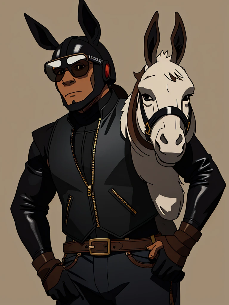 “Create an image of a donkey wearing a black leather motorcycle vest. Make sure the donkey is prominent and the vest details, helmet and glasses are clearly visible. The background must be simple to highlight the donkey and its clothing.”
