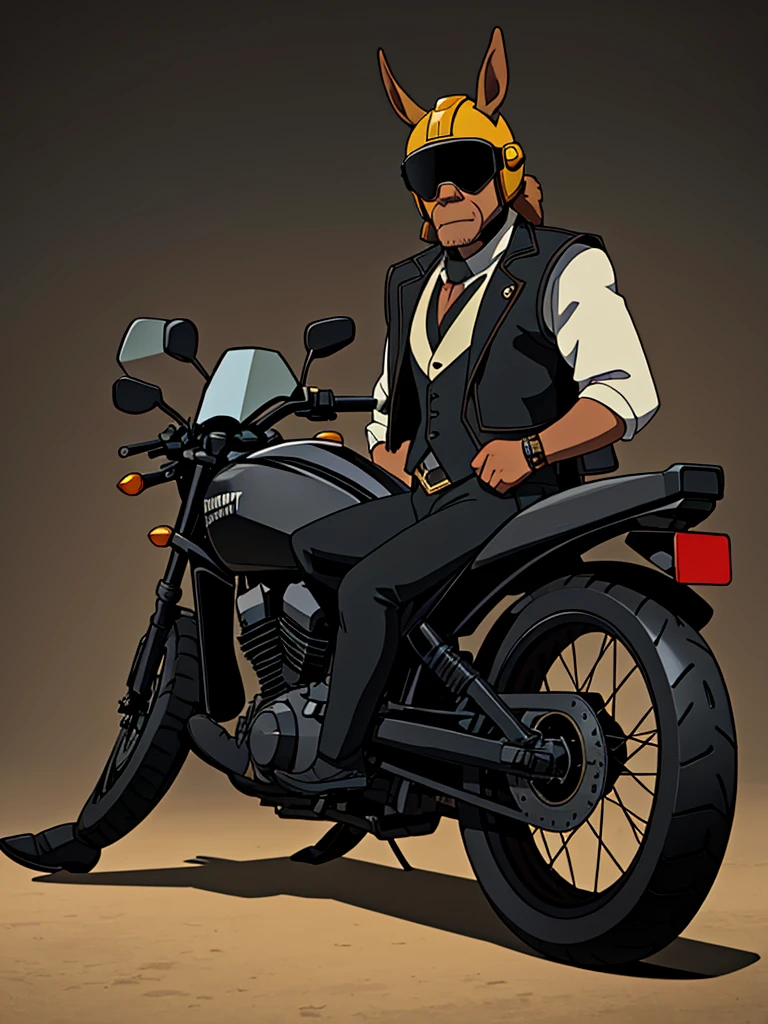 “Create an image of a donkey wearing a black leather motorcycle vest. Make sure the donkey is prominent and the vest details, helmet and glasses are clearly visible. The background must be simple to highlight the donkey and its clothing.”