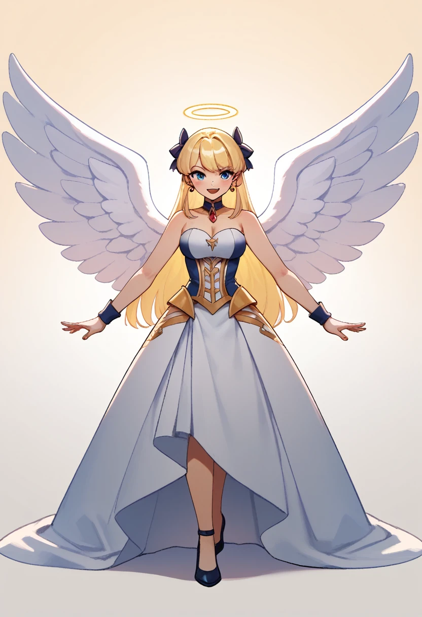 A blonde haired, blue eyed, lady with 6 angel wings coming from her back.