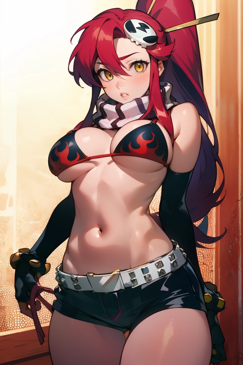 1girl, bikini, breasts, gloves, flame print, hair ornament, long hair, red hair, scarf, shorts,  blank face, parted lips, yellow eyes(empty eye), yoko littner, yokoli, best quality, masterpiece, sky, weakly, standing, 