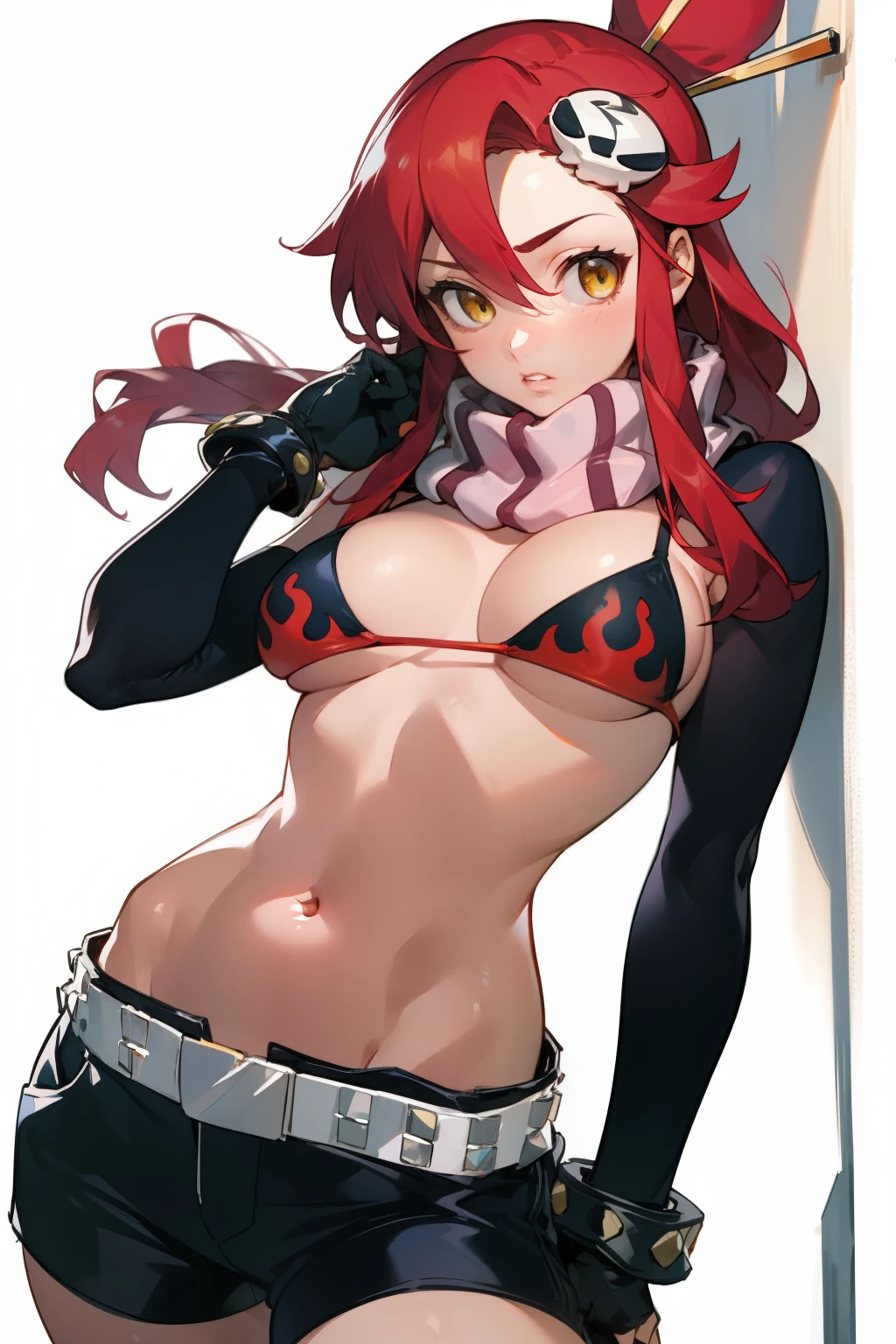 1girl, bikini, breasts, gloves, flame print, hair ornament, long hair, red hair, scarf, shorts,  blank face, parted lips, yellow eyes(empty eye), yoko littner, yokoli, best quality, masterpiece, sky, weakly, standing, 