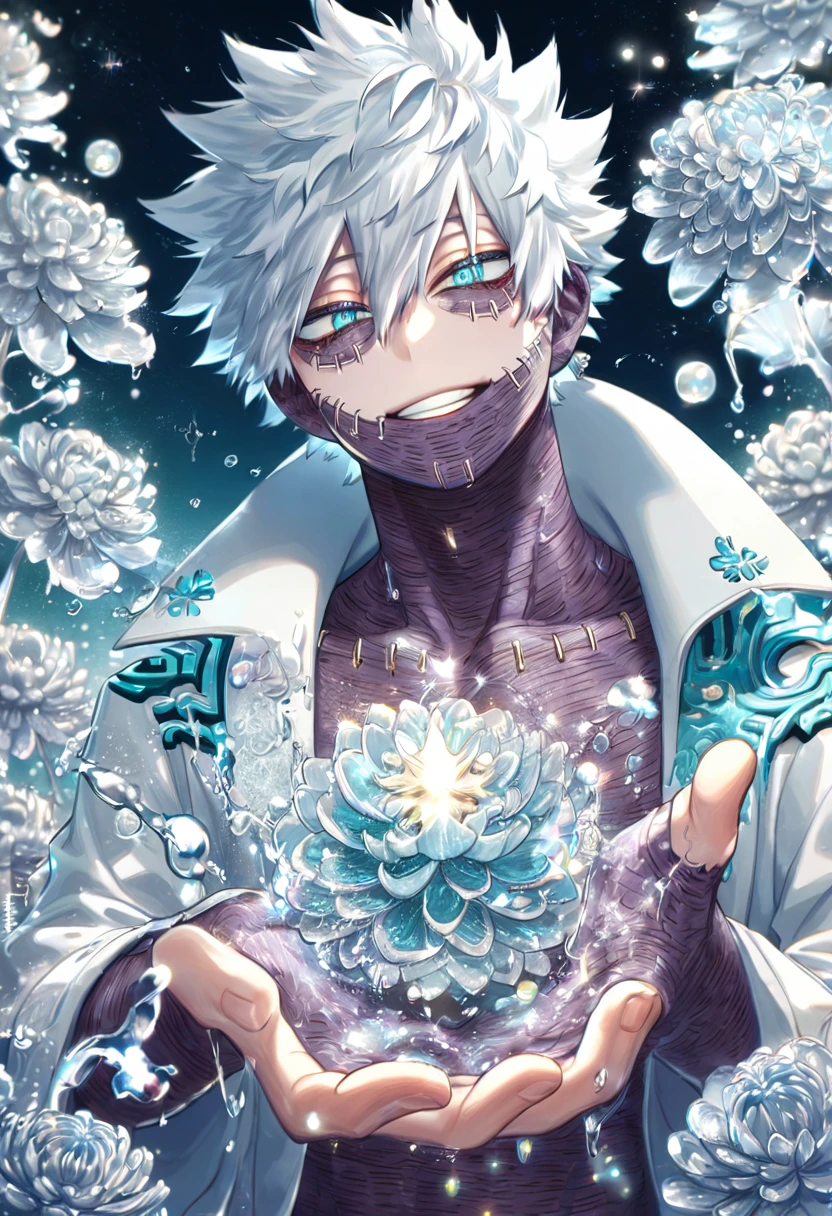 absurdres, highres, ultra detailed, HDR, master piece, best quality, extremely detailed, Dabi, white hair, expressive turquoise eyes, Boku No Hero Academia, solo, sexy man, handsome, smile, white coat, fantasy, water, sparkling, silver glittering fireflies, silver moon, silver blossoms, silver chrysanthemums, silver sparkling lights, starry sky, magical