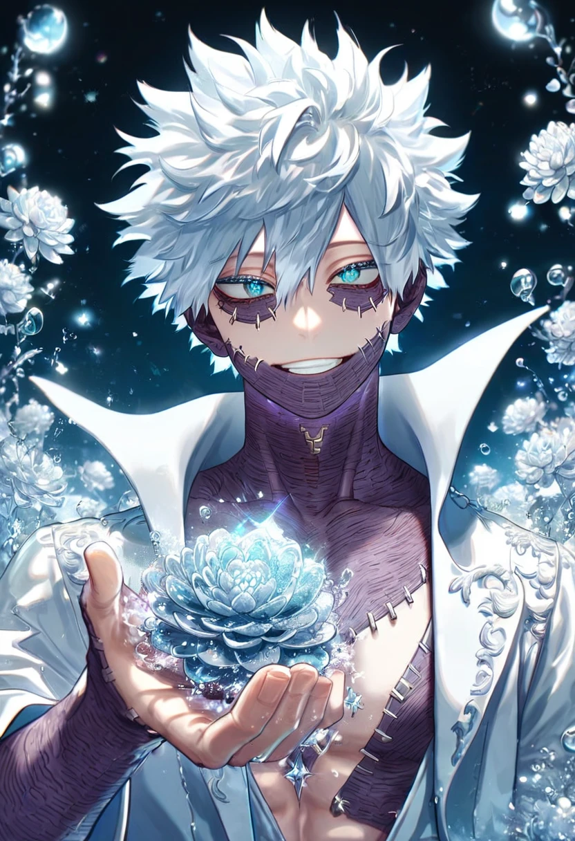 absurdres, highres, ultra detailed, HDR, master piece, best quality, extremely detailed, Dabi, white hair, expressive turquoise eyes, Boku No Hero Academia, solo, sexy man, handsome, smile, white coat, fantasy, water, sparkling, silver glittering fireflies, silver moon, silver blossoms, silver chrysanthemums, silver sparkling lights, starry sky, magical