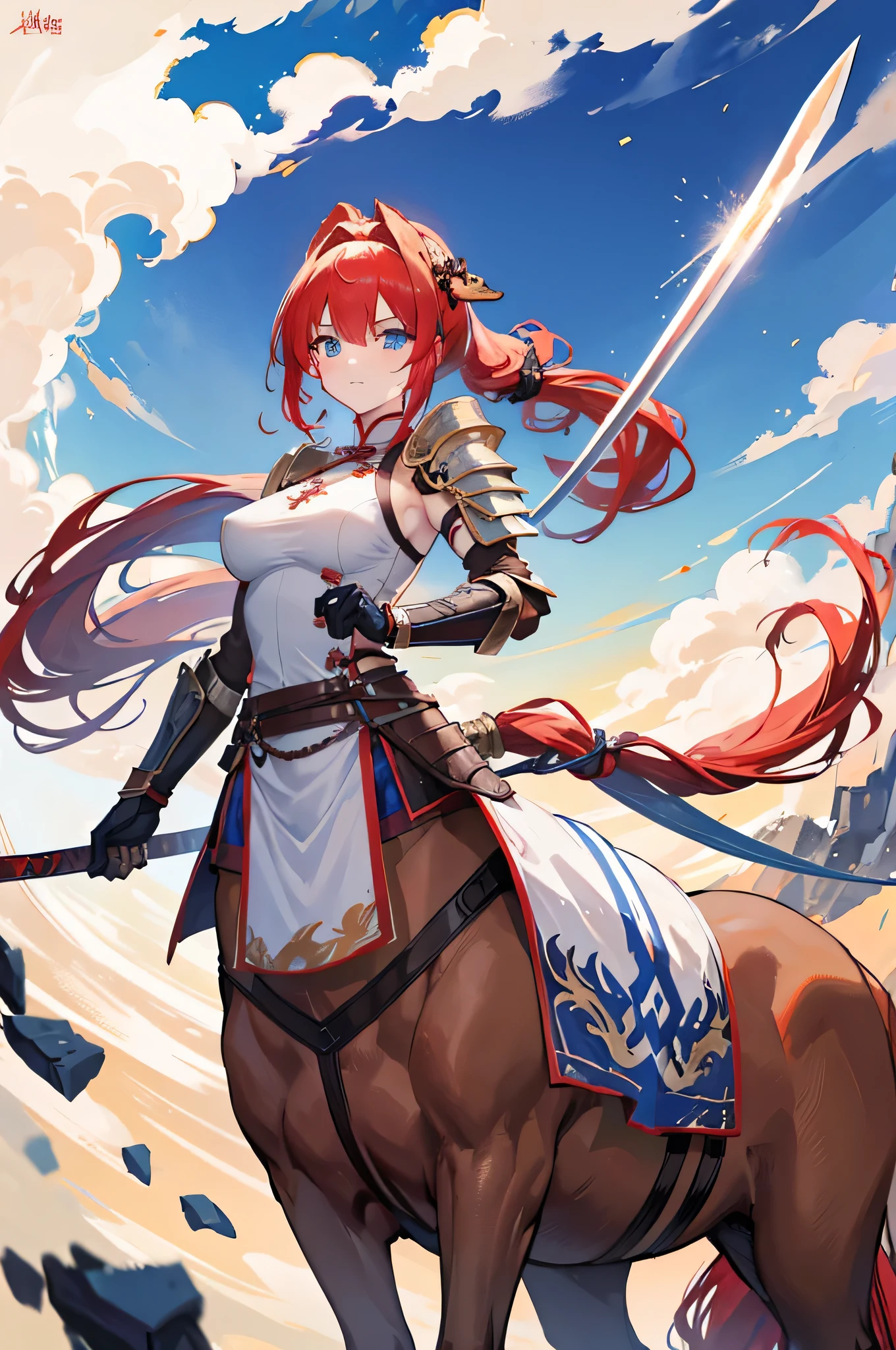 4K,High resolution,One Woman,centaur,Red Hair,Long Ponytail,Blue Eyes,Brown fur,Ancient Chinese Generals,Ancient Chinese White Armor,Heavy Armor,Full Armor,hair band,Long sword