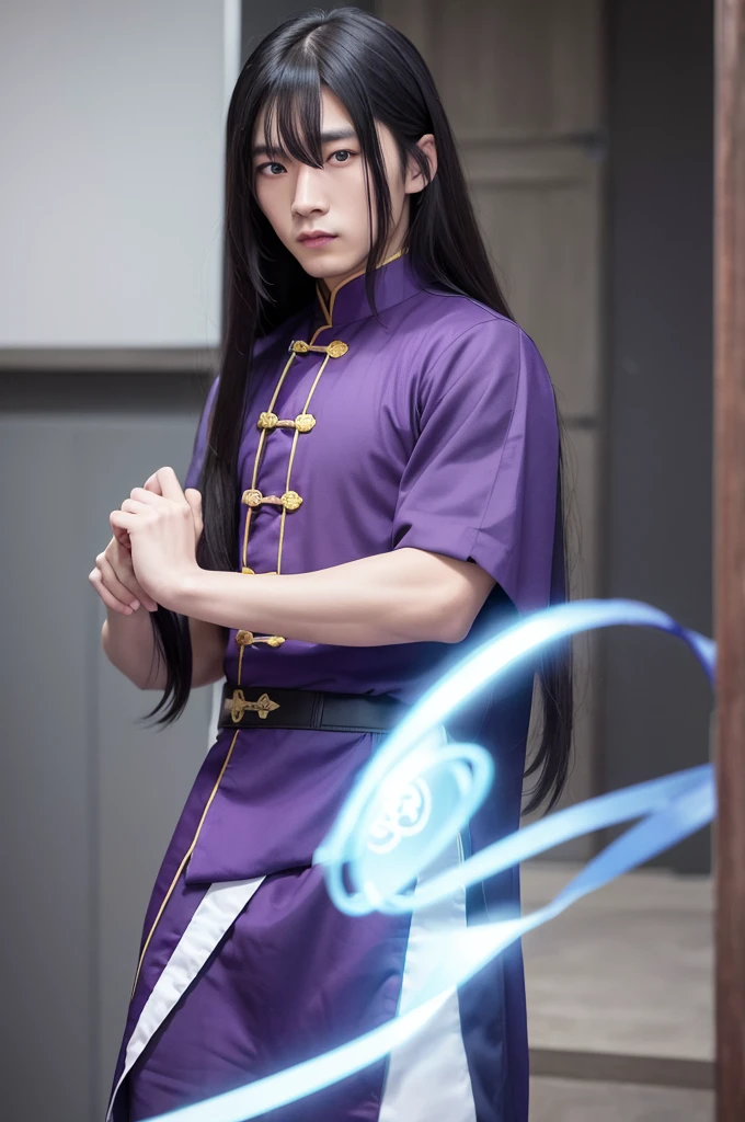 Create Chinese man with long hair and blue eyes, wearing dark purple clothes and holding a combat fan 