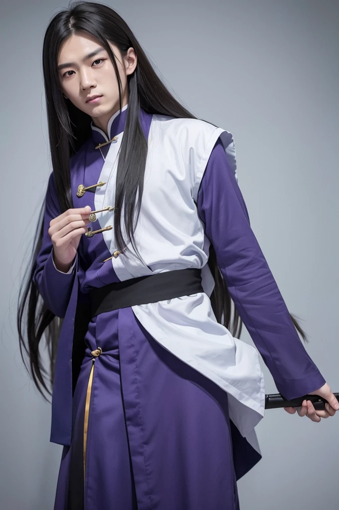 Create Chinese man with long hair and blue eyes, wearing dark purple clothes and holding a combat fan