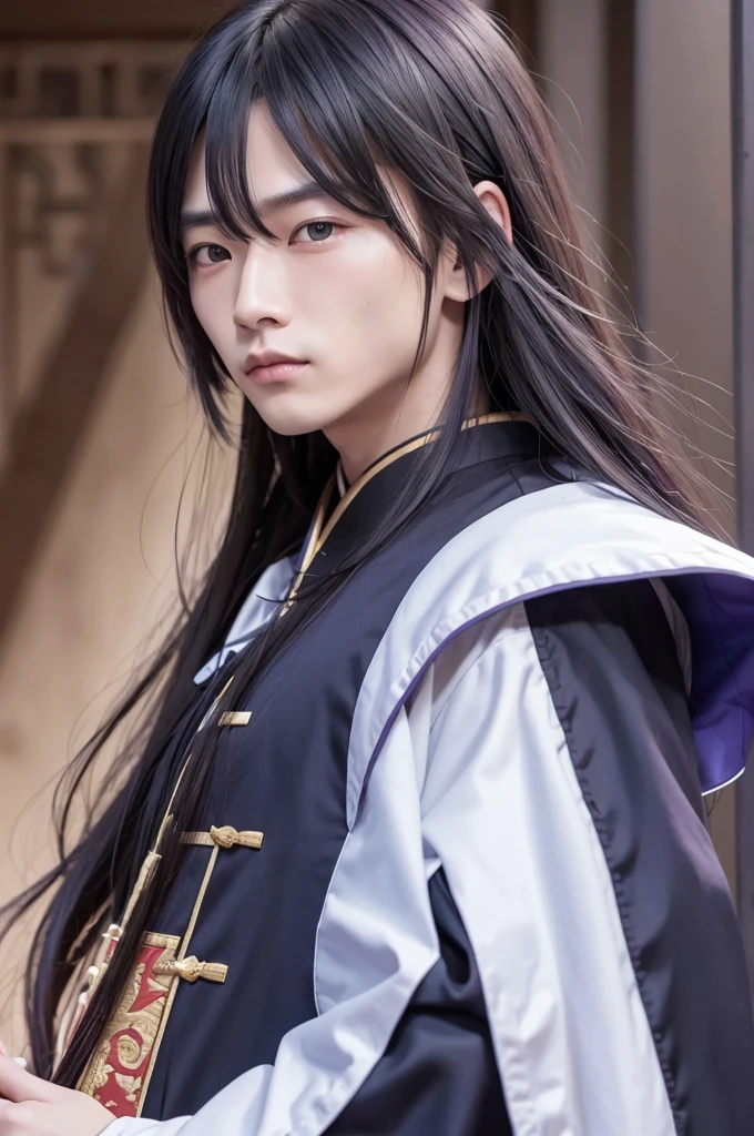 Create Chinese man with long hair and blue eyes, wearing dark purple clothes and holding a combat fan 