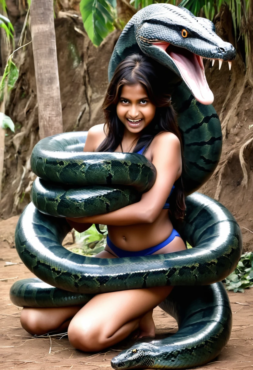 Happy Horny, aroused 1girl), beautiful kneeling Indian young girl with giant colossal Kaa monster squeezing her hard, wrapped in thick spiraling coils, constricted, struggle, gasping for air, snake attack, snake peril,