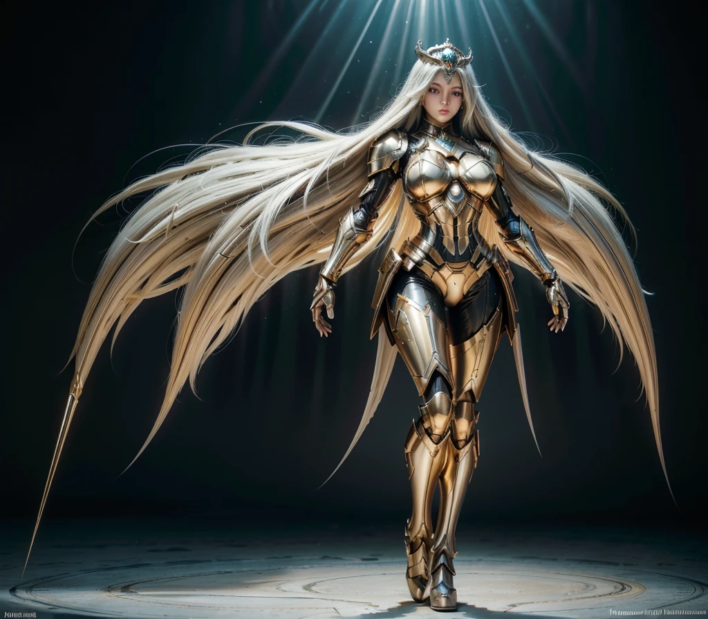 women attractive face beautiful full body, legs thick, hips. goddess with long white hair, ultra detailed eyes, on your head crown, wearing iron home style armor, futurist. Armadura templária com detaileds de ouro, detaileds: 1.2) 4K Ultra HD, slr digital, soft lighting, high qualiy
