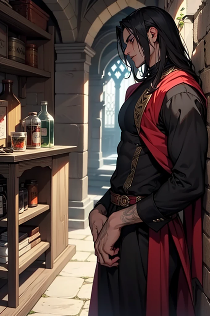 arafed man in a dark shirt in a room, skinny male fantasy alchemist, androgynous vampire, with his long black hair, with long dark hair, male vampire, handsome male vampire, as a medieval fantasy character