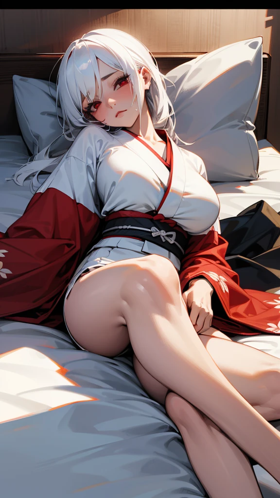 (8K、masterpiece、Highly detailed background、high resolution)、(shoukaku_Azur Lane)、Cleavage、On the bed、Embarrassed expression、(Lying on your back、underwear、White kimono slightly open)、get closer to the subject