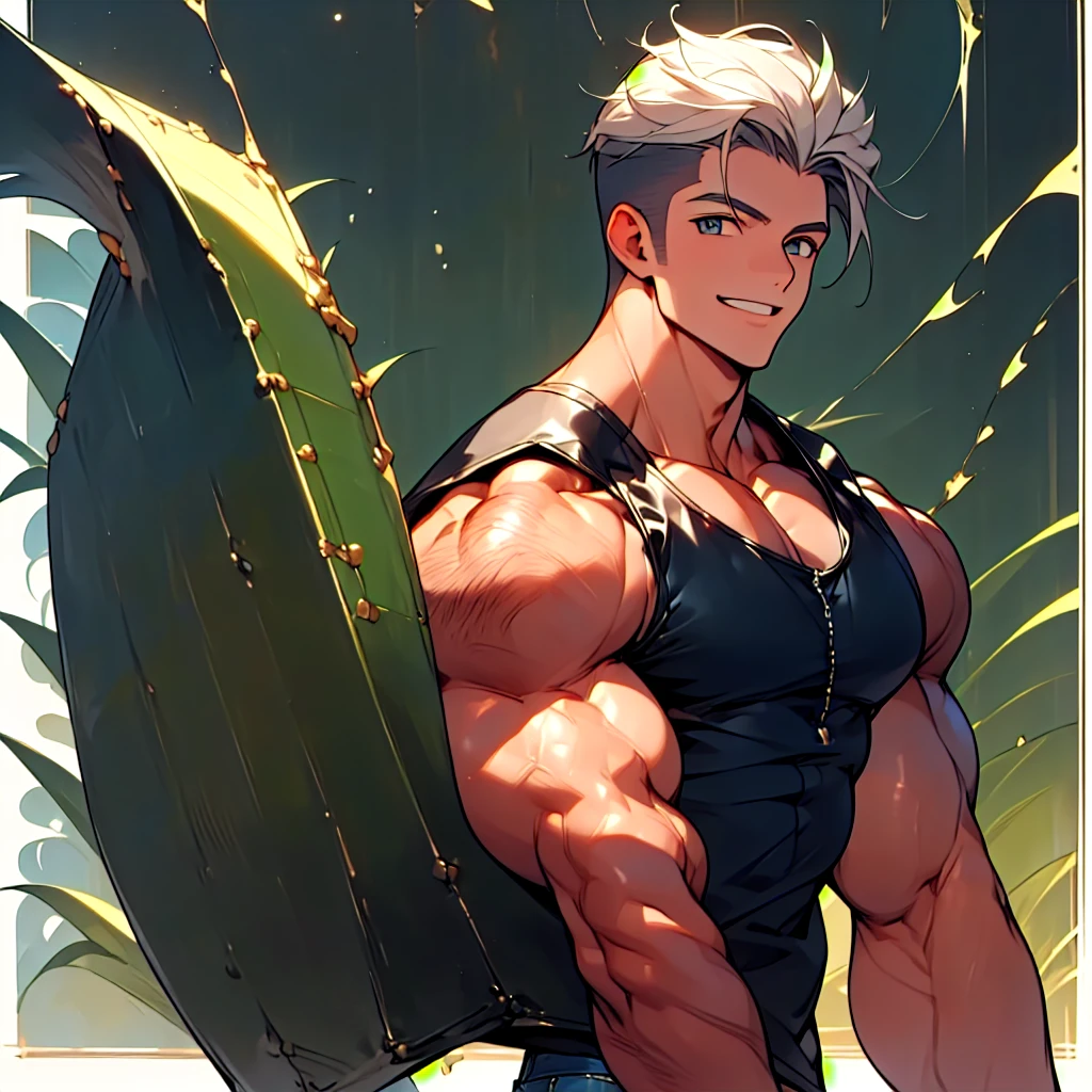 highres,High quality,(Beautiful), ((masterpiece)),(naughty man) (cabelos brancos) (Eyes verde) (muscled body) (wears a black leather jacket) (White tank top) (blue jeans) (sujo de sangue) (sorriso sádico e debochado)