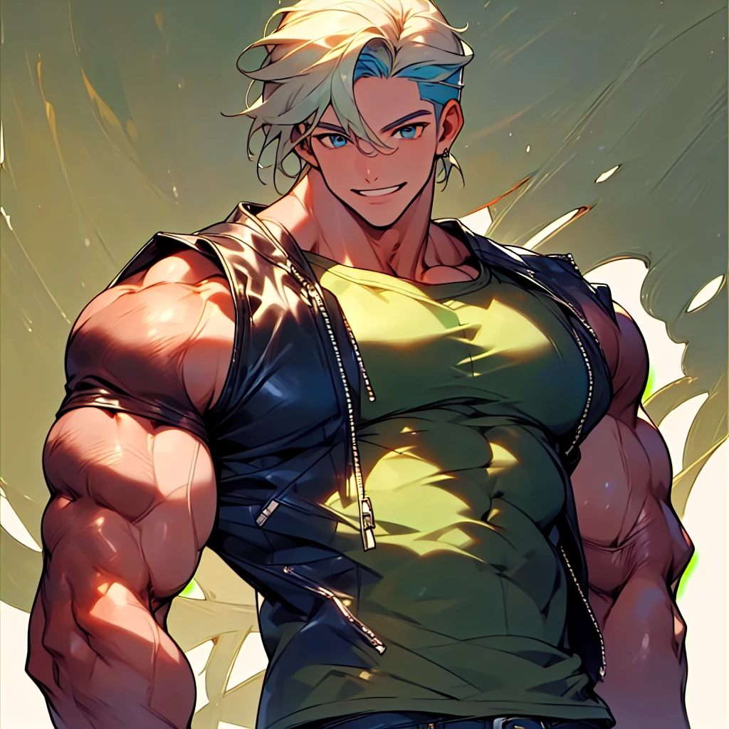 highres,High quality,(Beautiful), ((masterpiece)),(naughty man) (cabelos brancos) (Eyes verde) (muscled body) (wears a black leather jacket) (White tank top) (blue jeans) (sujo de sangue) (sorriso sádico e debochado)