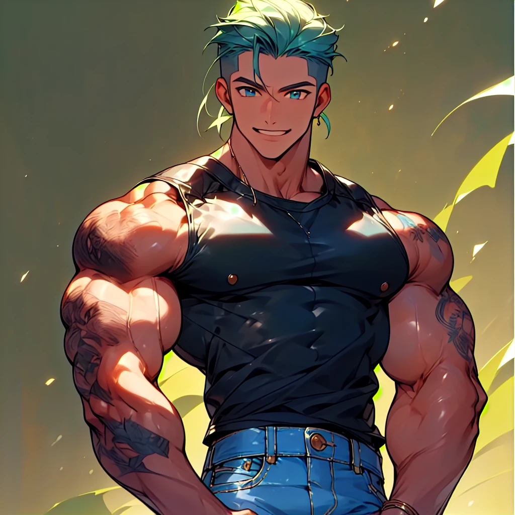 highres,High quality,(Beautiful), ((masterpiece)),(naughty man) (cabelos brancos) (Eyes verde) (muscled body) (wears a black leather jacket) (White tank top) (blue jeans) (sujo de sangue) (sorriso sádico e debochado)