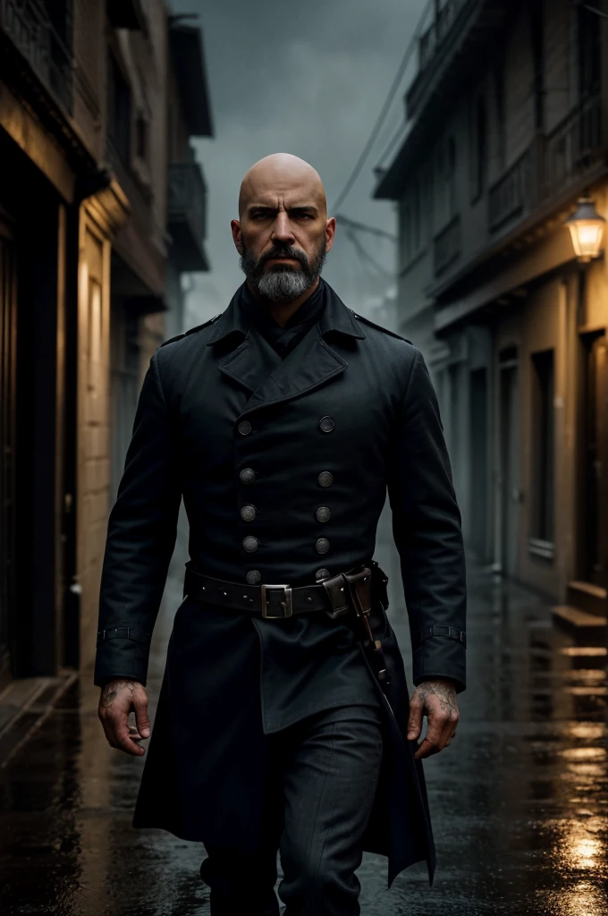 colbey:A bald man with a black scruffy beard:1.1) civil war times, civil war clothes, (intensely focused gaze, piercing eyes) (detailed facial features, defined nose and lips) (Threatening atmosphere) (dark shadows and dramatic lighting) (hight contrast:1.1) (gritty texture) (intense and suspenseful:1.1) (full of action) (dynamic composition) (cinematic vibe) (Shallow depth of field) (dramatic bokeh) (film noir style) (dark, moody color palette) (captivating and mysterious) (night setting) (Urban setting) (rain-soaked streets) (Tense and suspenseful atmosphere:1.1) (impacto emocional) (intense narrative) (provocative and thought-provoking) (impressive and impactful) (work of art:1.2), (high resolution:4K), (realisitic:1.37), (proffesional)(scene walking in the civil war times in soldier attire)