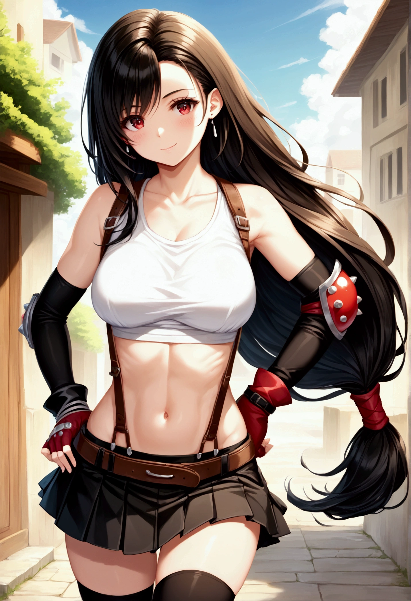 (score_9,score_8_up,score_7_up), masterpiece, best quality, 
newest, recent, perfect anatomy,
official art, best perspective, depth of field,
very aesthetic, illustration, perfect composition,,BREAK , ,from high,high view,top angle,,contrapost pose,(upperbody) ,,straight-on,Solo,1girl, tifa lockhart, final fantasy,black hair, low-tied long hair, red eyes, bangs, (white tank top,gap),High exposure，Belly exposure，the ribs，(belt, pleated skirt, thighhighs, elbow fingerless gloves, elbow pads, midriff, navel,suspenders.skirt),beautiful waist ,(large_breast:1.3),light smile,,hand on own hip,daytime,outdoor,(ultra detailed),UHD,photorealistic,,, 　　