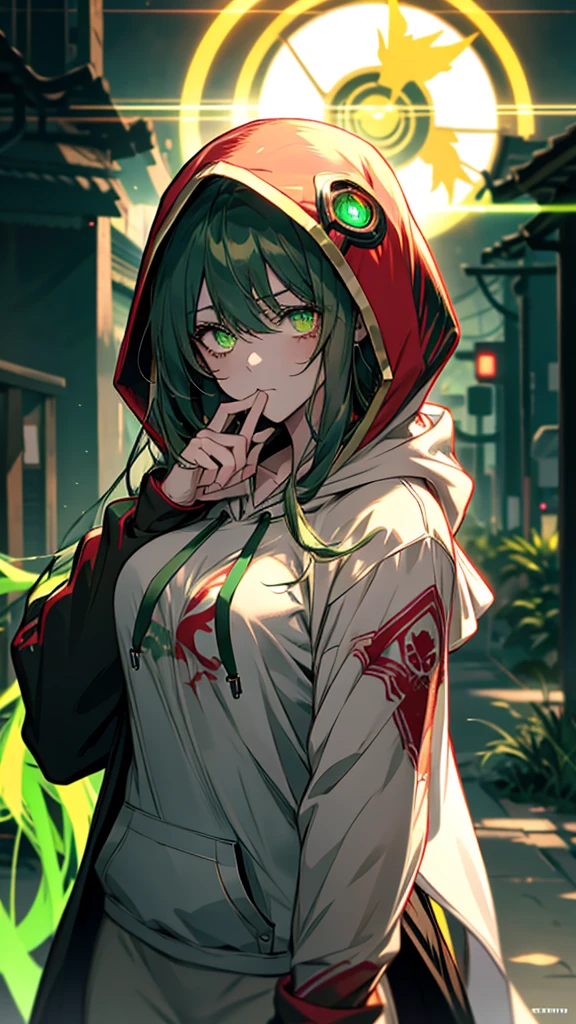 anime girl with Green Eyes and hoodie holding her hand to her mouth, Glowing green eyes, With glowing eyes, Glowing eyes and mouth, clear Green Eyes, Girl with white eyes, Mysterious Girl, glowing Green Eyes, 赤くWith glowing eyes, Red eyes glow, Green Eyes!!!!, Cyberpunk anime girl in a hoodie, sad Green Eyes, dark Green Eyes