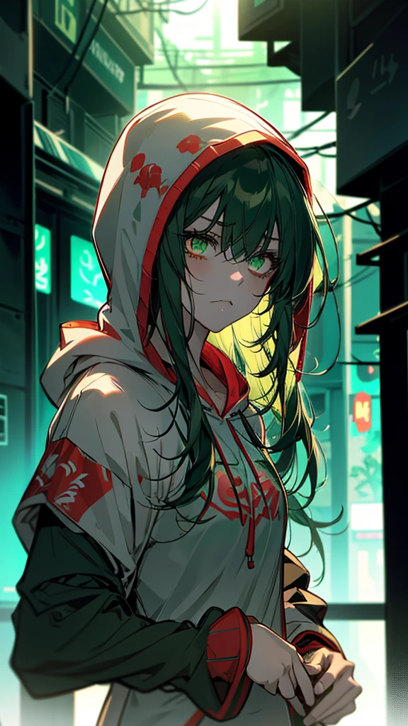 anime girl with Green Eyes and hoodie holding her hand to her mouth, Glowing green eyes, With glowing eyes, Glowing eyes and mouth, clear Green Eyes, Girl with white eyes, Mysterious Girl, glowing Green Eyes, 赤くWith glowing eyes, Red eyes glow, Green Eyes!!!!, Cyberpunk anime girl in a hoodie, sad Green Eyes, dark Green Eyes