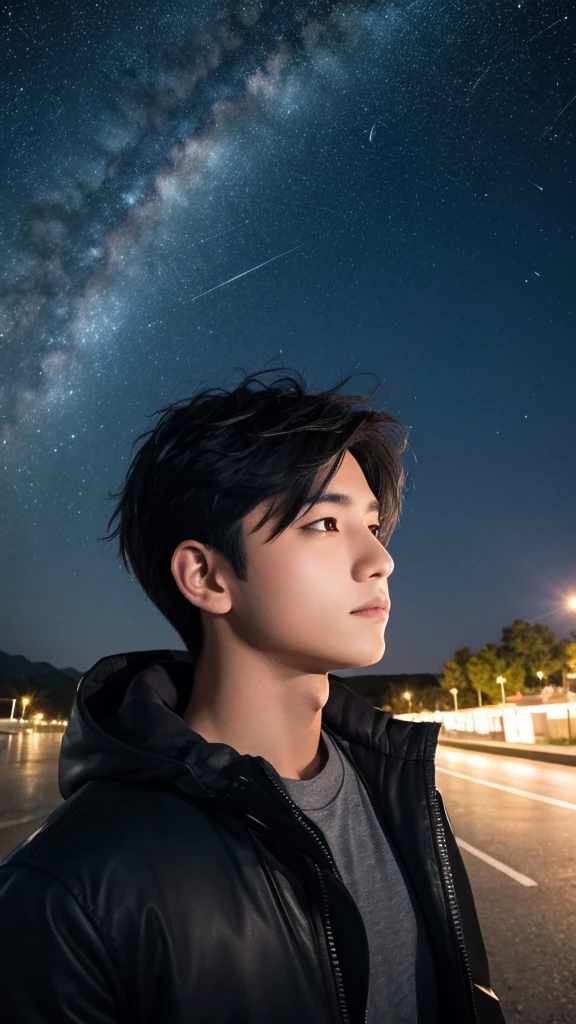 A cool black-haired boy looking at the night sky