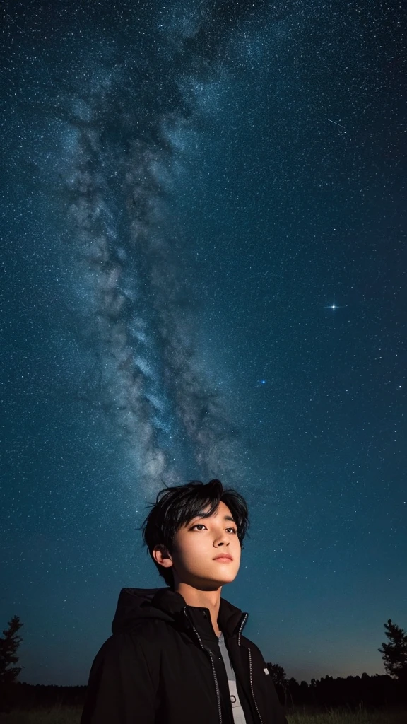 A cool black-haired boy looking at the night sky
