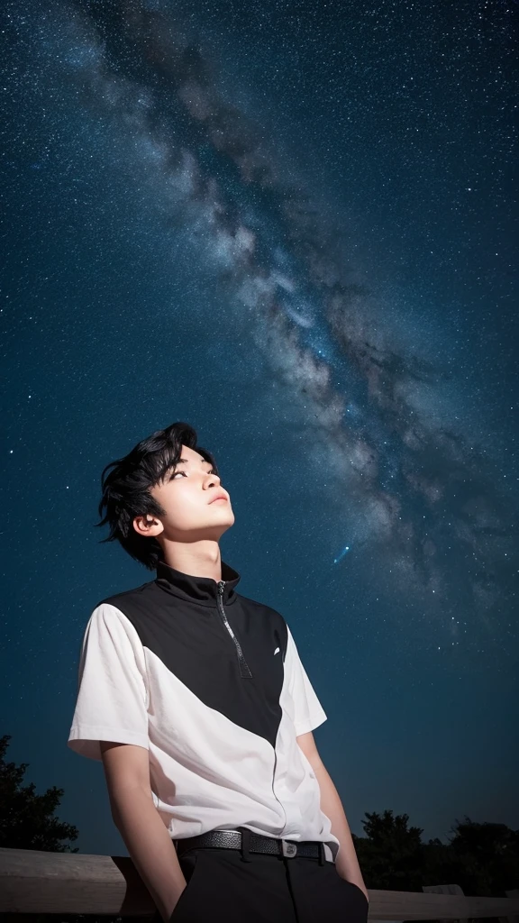 A cool black-haired boy looking at the night sky