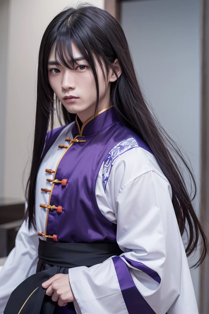 Create Chinese man with long hair and blue eyes, wearing dark purple clothes and holding a combat fan 