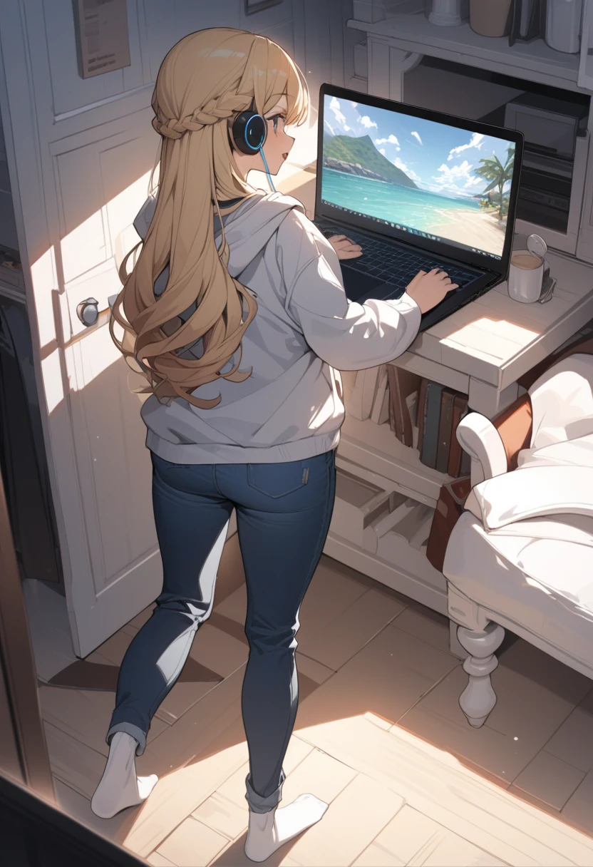 masterpiece, best quality, extremely detailed, ultra detailed, flat anime, 2D,
1girl, (young adult:1.2),blonde hair, (semi-long hair:1.2), curly hair, french braid, medium breasts, tsurime, height 1.7meters,
white hooded sweatshirt, jeans, earring,bracelet, long sleeves, ((Bluetooth small earphone)),socks,
Back view of a laptop computer,Operating a laptop computer,
from behind, full body, ((looking back)), open mouth, looking at another,Turn around from the right,
summer, livingroom, 12AM., standing