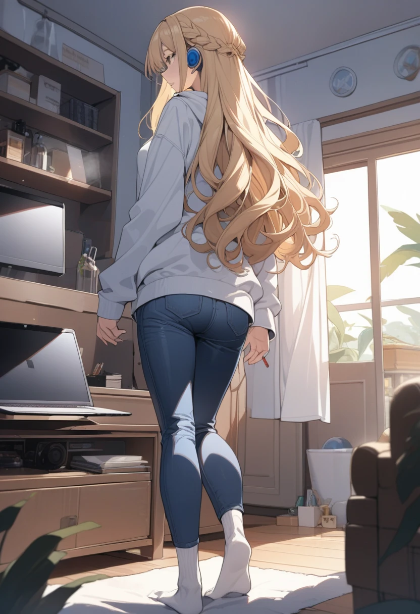 masterpiece, best quality, extremely detailed, ultra detailed, flat anime, 2D,
1girl, (young adult:1.2),blonde hair, (semi-long hair:1.2), curly hair, french braid, medium breasts, tsurime, height 1.7meters, 
white hooded sweatshirt, jeans,  earring,bracelet, long sleeves, ((Bluetooth small earphone)),socks,
Back view of a laptop computer,Operating a laptop computer,
from behind, full body, ((looking back)), open mouth, looking at another,Turn around from the right,
summer, livingroom, 12AM., standing