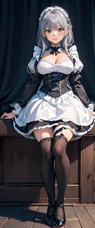 (long beautiful gray hair) cyan eyes, (Eyes behind long bangs) breasts big, standing pose, hands behind the back, (wearing stockings) perfect beautiful and shiny cyan shoes (Wearing luxurious black palace maid clothes Perfect perfect noble) side pose (Girl1, straight, gray hair that is not too long, bangs covering one eye, soft face, kind smile) grays long hair, beautiful cyan eyes (sitting pose, right hand down, Left hand down, leaning posture, just smile, (Fundo branco em branco) wearing a black corset, (Using a beautiful bright blue ribbon) Kawai shy cute eyes (black shoes should be shiny, Must wear short white socks) Wrists must be completely bare, without a single piece of cloth covering either side Wrists must be completely bare, without a single piece of cloth covering either side Wrists must be completely bare, without a single piece of cloth covering either side, The bangs perfectly cover the left toe eye, Long bangs cover the left eye, black maid shirt long sleeves, cara fria, royal minister, standing pose