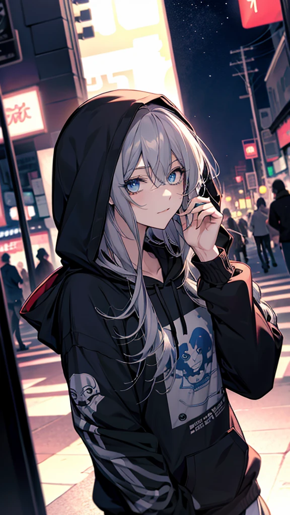 anime girl with blue eyes and black hoodie posing for a picture, (anime girl), perfect Gray-haired girl, inspired by Ib Eisner, anime character, anime!!!!!!!!!!!!!!!, emo anime girl, as an anime character, anime style, Nightcore, Gray-haired, She has white eyes!!!, tall anime guy with blue eyes, anime style”, Neferpitou