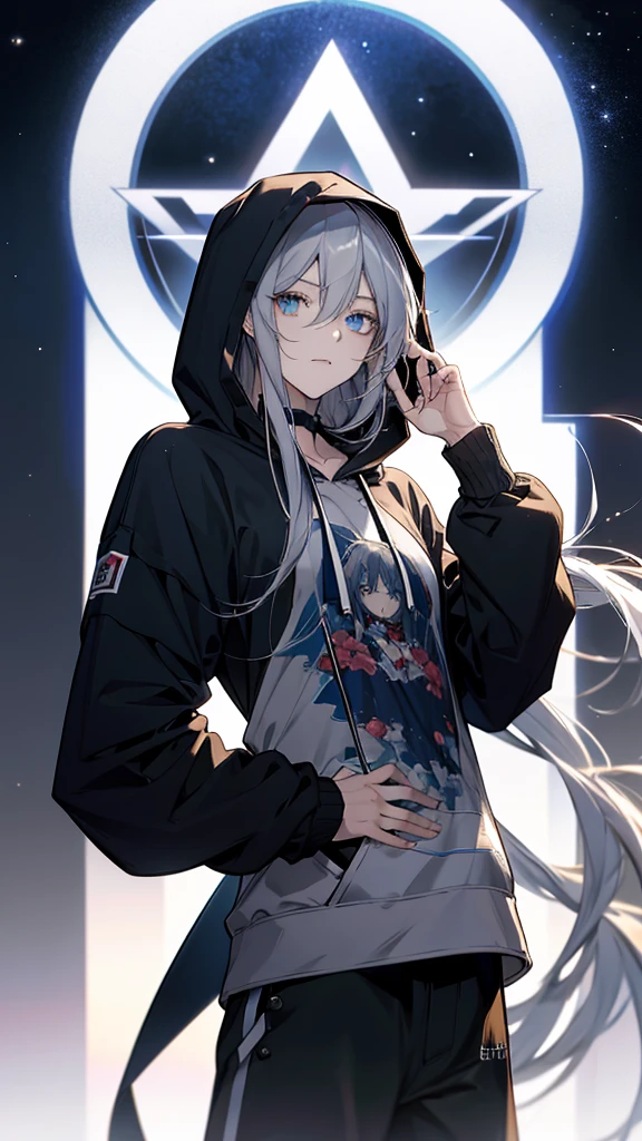 anime girl with blue eyes and black hoodie posing for a picture, (anime girl), perfect Gray-haired girl, inspired by Ib Eisner, anime character, anime!!!!!!!!!!!!!!!, emo anime girl, as an anime character, anime style, Nightcore, Gray-haired, She has white eyes!!!, tall anime guy with blue eyes, anime style”, Neferpitou