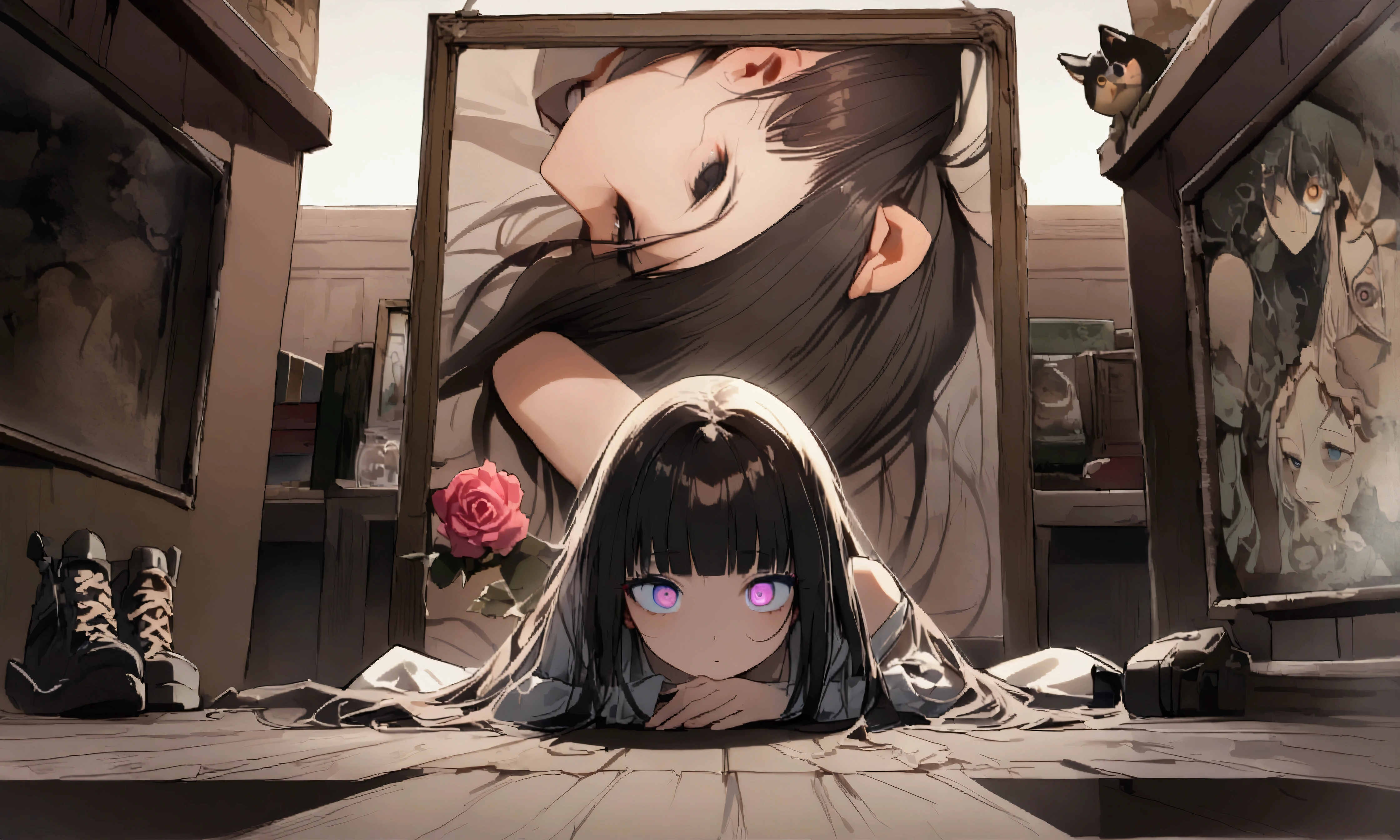 face down、Lewd Eyes、Scornful Eyes、front、super fine illustration,(((beautiful fine hair))),(((beautiful fine face))),(((beautiful fine background))),2人のgirl、Bobcut、Black Hair、Blunt Bangs、PC in the room、Horizontal composition、Step Piece、Highest quality、Best illustration、Super detailed、girl、Pink Rose Long Hair、Black Shirt、Pleated skirt、Side braided hair、crazy、standing with an eerie feeling、Ruined Background、Unusual sneakers、Eyeshadow on eyes、Unusual eye color、Eyes of Terror、Bright eyes、Cool Shot
