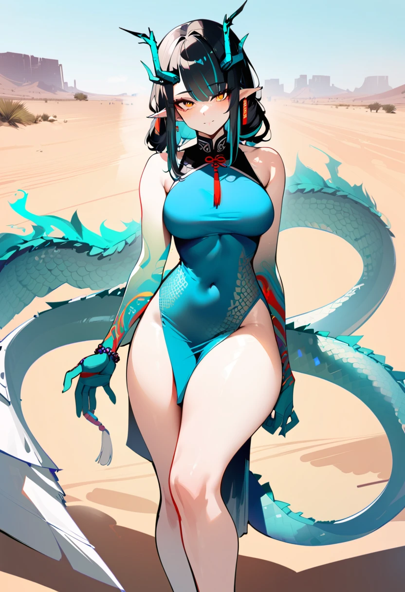 1girl, dusk \(arknights\), arknights,(masterpiece, best quality), newest, ,turquoise  bikini, by nyantcha, black hair, horns, by omone hokoma agm, dragon tail, day, desert, orange eyes, scales in arms , happy , 