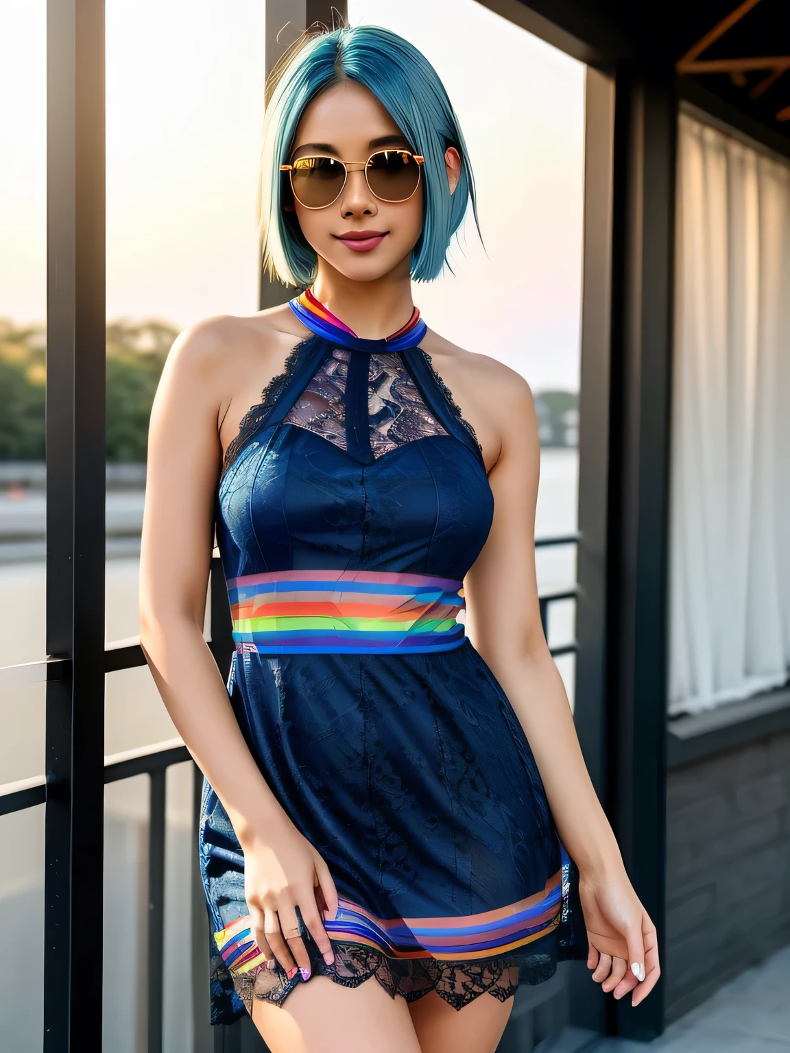 (blue hair:1.4), short hair, realistic green eyes, cobalt hair, long bob hair, tousled hair, shoulder length hair, Full body, woman with white skin and Asian features, 24 year old, big breast. She has a small, elegant nose with a slight upward curve at the tip. Her lips are full and naturally pink, with a well-defined Cupid's bow. Her teeth are straight and white, enhancing her captivating smile. Her face has an oval shape with high cheekbones that add to her model-like appearance. (crack), detailed (texture!, shine, color!!, flaws: 1.1), highly detailed glowing eyes, (looking at camera), specular light, dslr, extreme quality, crystal clear, cute face, detailed skin pores, oil Dark skin, brown, complex eye details, she is far from the camera, A full-body portrait, captured from a distance. Dynamic Frame, 8K, best quality, masterpiece, photorealistic, high resolution, solo, 1 girl, realistic and detailed skin,standing, look at viewer, (sun glasses with thick frame:1.4),slender body shape、((legs spread)), sexy lips,(sexy rainbow lace short dress:1.4),smile,Halter_Dress
, (short hair:1.3)