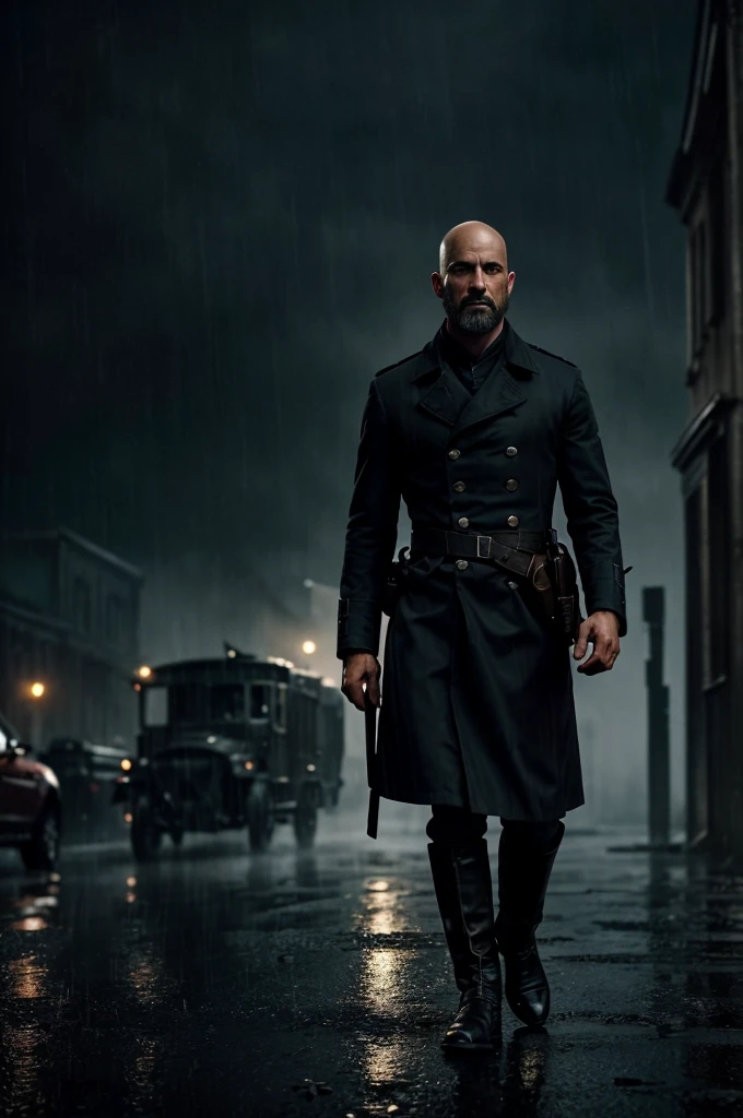 colbey:A bald man with a black scruffy beard:1.1) civil war times, civil war clothes, (intensely focused gaze, piercing eyes) (detailed facial features, defined nose and lips) (Threatening atmosphere) (dark shadows and dramatic lighting) (hight contrast:1.1) (gritty texture) (intense and suspenseful:1.1) (full of action) (dynamic composition) (cinematic vibe) (Shallow depth of field) (dramatic bokeh) (film noir style) (dark, moody color palette) (captivating and mysterious) (night setting) (Urban setting) (rain-soaked streets) (Tense and suspenseful atmosphere:1.1) (impacto emocional) (intense narrative) (provocative and thought-provoking) (impressive and impactful) (work of art:1.2), (high resolution:4K), (realisitic:1.37), (proffesional)(scene walking in the civil war times in soldier attire)