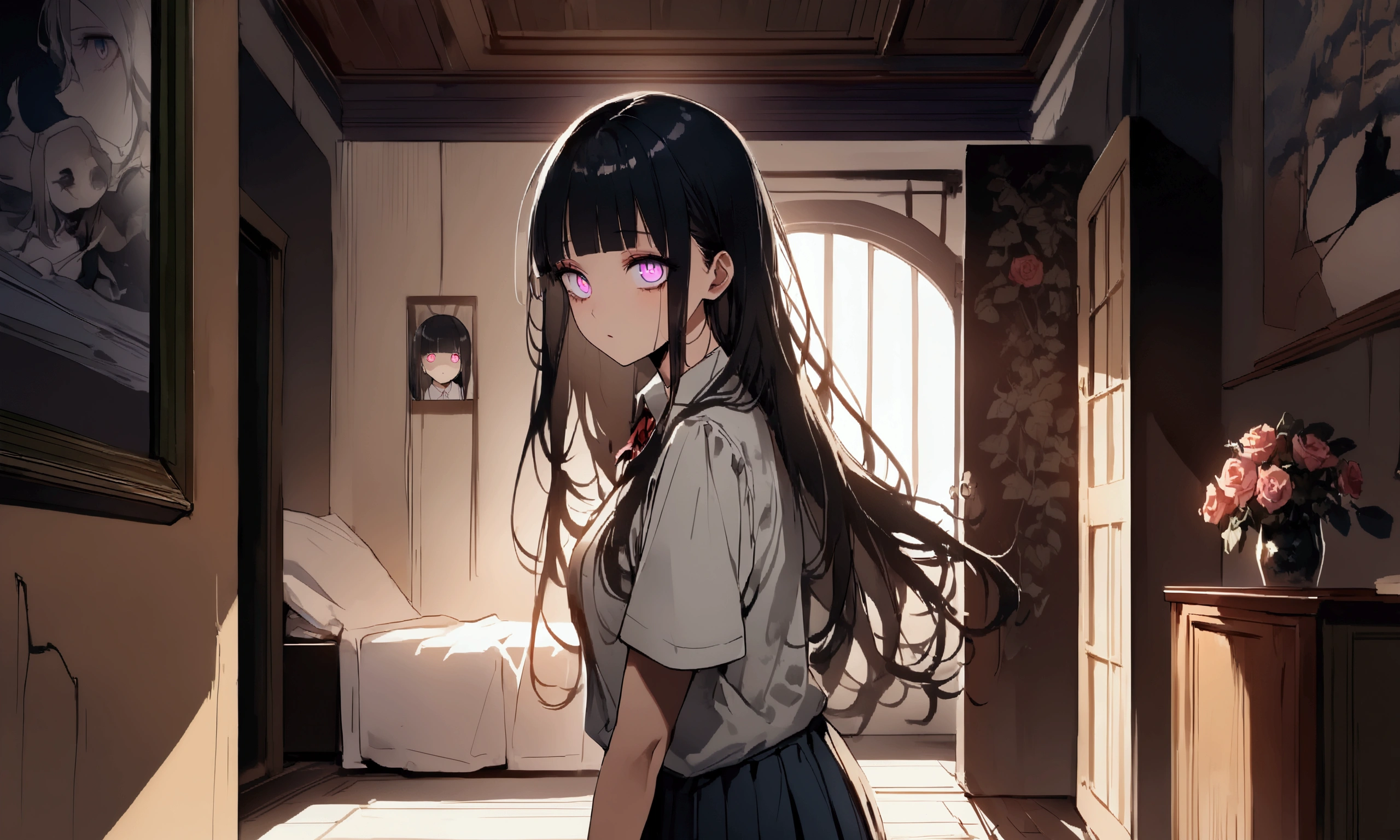 face down、Lewd Eyes、Scornful Eyes、front、super fine illustration,(((beautiful fine hair))),(((beautiful fine face))),(((beautiful fine background))),2人のgirl、Bobcut、Black Hair、Blunt Bangs、PC in the room、Horizontal composition、Step Piece、Highest quality、Best illustration、Super detailed、girl、Pink Rose Long Hair、Black Shirt、Pleated skirt、Side braided hair、crazy、standing with an eerie feeling、Ruined Background、Unusual sneakers、Eyeshadow on eyes、Unusual eye color、Eyes of Terror、Bright eyes、Cool Shot
