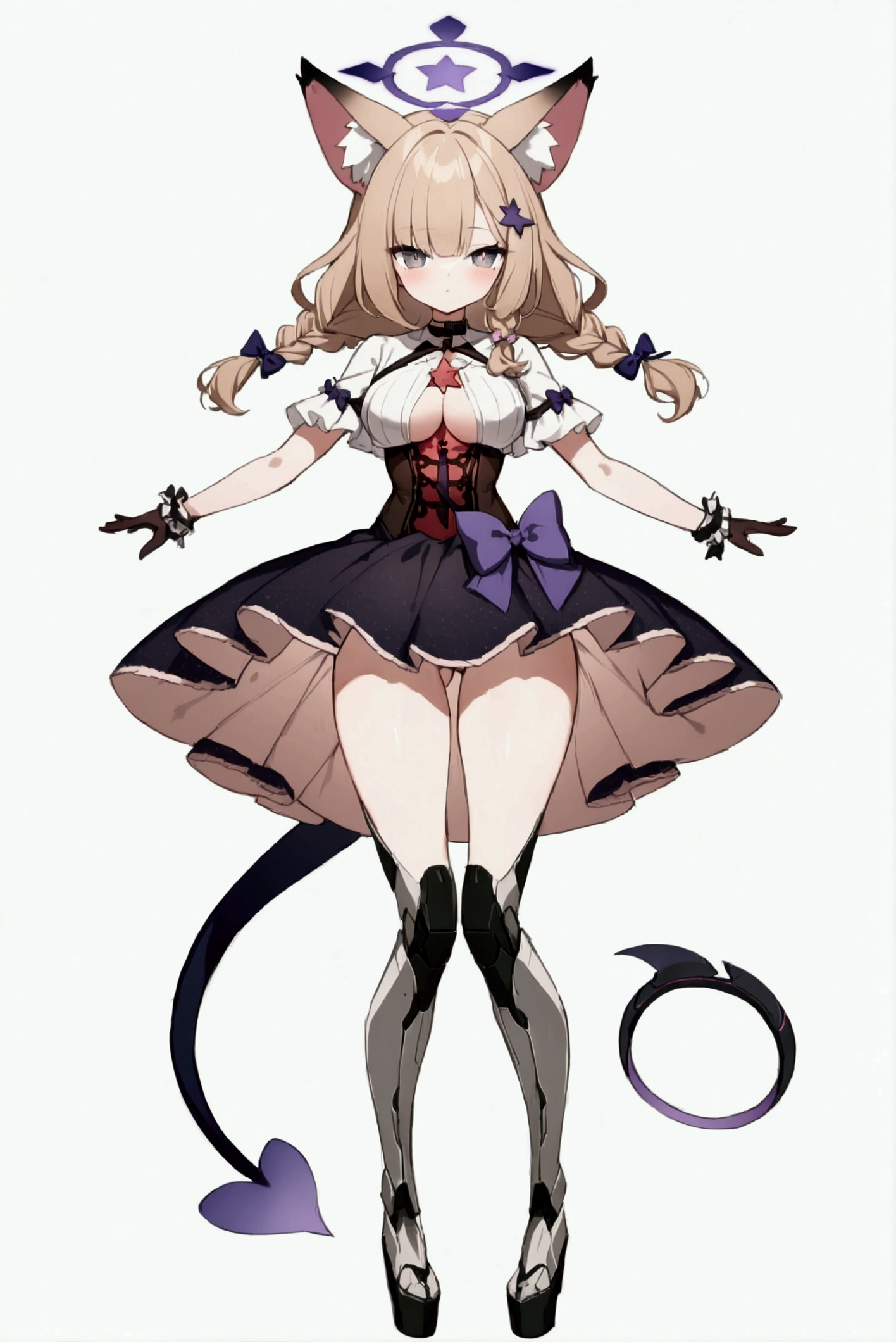 Woman 170cm tall, big chest, wide hip, charming look, (dark blonde hair), ((hip length loose wavy hair, asymmetrical bangs, a star hairpin in her hair)), (a short braid on the left and right side of the hair above the breasts), ((Gray eyes with a pink 4-pointed star in the pupil)), (two black fox ears located on the top of the head), (black halo with luminous purple on the head), ((It has a small black succubus tail that ends in the shape of a Vinotinto heart)), (((It has complex mechanical legs that reach up to the thighs., the legs are dark gray with burgundy and black parts))), (elegant thigh-length one-piece dress, small Vinotinto bowtie on the neck of the dress, white bust with vertical black lines, ruffles in the middle of the bust, ruffled skirt, short sleeves with ruffles, ribbon decorations on the dress), elegant Vinotinto gloves with white ruffles, Black platform heels, (gray belt at the waist with a large ribbon with a luminous pink heart in the middle), black necklace with a heart pendant on the neck, (((character design sheet: front view))), ((whole body)), extremely detailed beautiful hair, beautiful detailed dress, extremely detailed arms, extremely detailed face, (Extremely detailed hands), perfect hands, small face, Beautiful detailed eyes, beautiful detailed lips, adorable, extremely detailed legs, (Best Quality, 8k, high resolution), ultra detailed, Exquisite and epic character art, ((White background)), (Focus on symmetry), (beautiful detailed succubus tail), (only one woman in the picture).